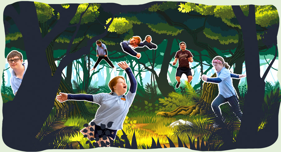 Cute jungle scene with children and illustrations of tigers